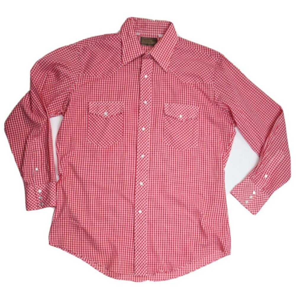 VINTAGE RED PLAID WESTERN STYLE SNAP FRONT SHIRT - JC PENNEY - SIZE 16.5 X 34